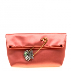 Pre Owned Burberry Peach Satin Crystal Embellished Pin Clutch