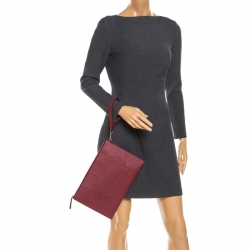 Pre Owned Burberry Maroon Leather Document Wristlet Pouch