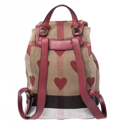 Burberry Red/Beige Heart Check Canvas and Leather Drawstring Backpack