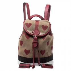 Burberry Red/Beige Heart Check Canvas and Leather Drawstring Backpack