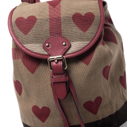 Burberry Red/Beige Heart Check Canvas and Leather Drawstring Backpack