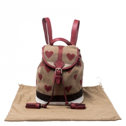 Burberry Red/Beige Heart Check Canvas and Leather Drawstring Backpack