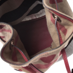 Burberry Red/Beige Heart Check Canvas and Leather Drawstring Backpack