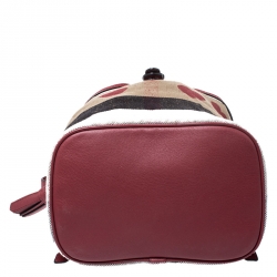 Burberry Red/Beige Heart Check Canvas and Leather Drawstring Backpack