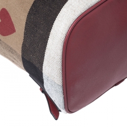 Burberry Red/Beige Heart Check Canvas and Leather Drawstring Backpack