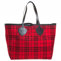 Pre Owned Burberry Red/Multicolor Fabric Reversible XL Tote
