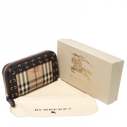 مملوكة مسبقًا Burberry Beige/Brown Haymarket Check Canvas and Leather Corset Zip Around wallet