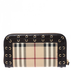 مملوكة مسبقًا Burberry Beige/Brown Haymarket Check Canvas and Leather Corset Zip Around wallet