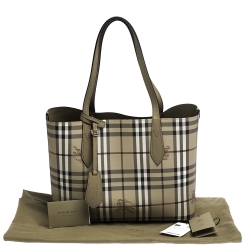 Pre Owned Burberry Beige Haymarket Check Leather Small Reversible Tote