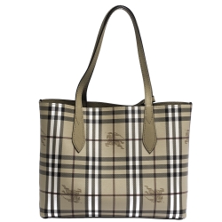 Pre Owned Burberry Beige Haymarket Check Leather Small Reversible Tote