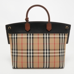 Burberry Brown Vintage Check Canvas and Leather Society Top Handle Bag