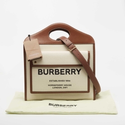 Burberry White/Brown Canvas and Leather Pocket Tote
