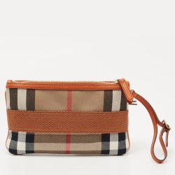 Pre Owned Burberry Beige/Brown House Check Canvas and Leather Wristlet Clutch