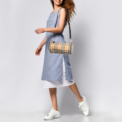 Burberry Black/Beige House Check Canvas and Leather Small Kennedy Barrel Bag