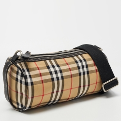 Burberry Black/Beige House Check Canvas and Leather Small Kennedy Barrel Bag