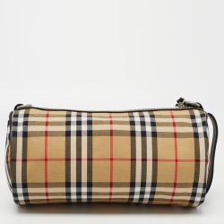 Burberry Black/Beige House Check Canvas and Leather Small Kennedy Barrel Bag