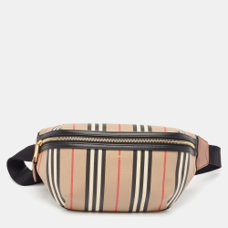 Pre Owned Burberry Beige/Brown Housecheck Coated Canvas and Leather Sonny Belt Bag