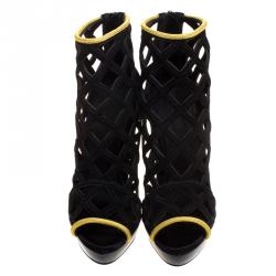 مملوكة مسبقًا Burberry Prorsum Black Suede and Gold Edenside Cage Wedge Ankle Boots Size 41