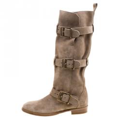 Pre Owned Burberry Beige Suede Buckle Strap Boots Size 40