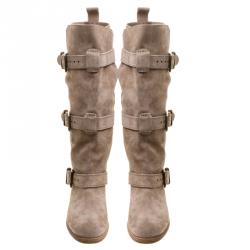 Pre Owned Burberry Beige Suede Buckle Strap Boots Size 40