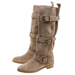 Pre Owned Burberry Beige Suede Buckle Strap Boots Size 40