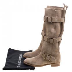 Pre Owned Burberry Beige Suede Buckle Strap Boots Size 40