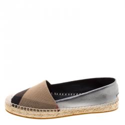 Pre Owned حذاء إسبادريلز بربري هودغيسون جلد ميتالك وكانفاس كاروهات بني مقاس 36.5