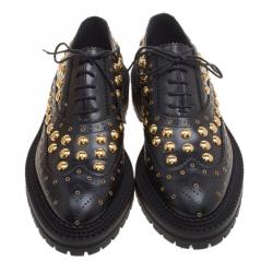Burberry Black Leather Deardown Studded Platform Oxfords Size 37
