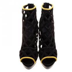 Pre Owned Burberry Prorsum Black Suede and Gold Edenside Cage Wedge Ankle Boots Size 37.5
