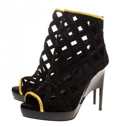 Pre Owned Burberry Prorsum Black Suede and Gold Edenside Cage Wedge Ankle Boots Size 37.5