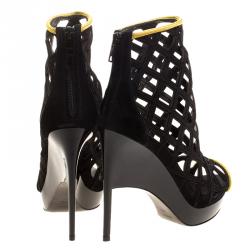 Pre Owned Burberry Prorsum Black Suede and Gold Edenside Cage Wedge Ankle Boots Size 37.5