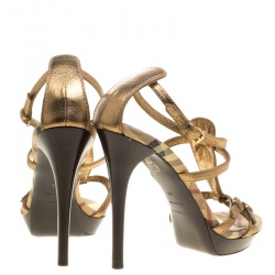 Pre Owned Burberry Metallic Dull Gold Leather Strappy Platform Peep Toe Sandals Size 38