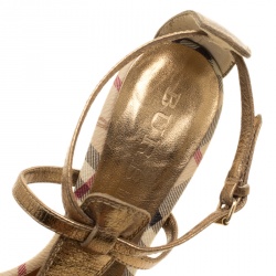 Pre Owned Burberry Metallic Dull Gold Leather Strappy Platform Peep Toe Sandals Size 38