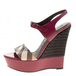 Burberry Magenta Patent Leather and Canvas Espadrille Platform Wedge Sandals Size 39.5