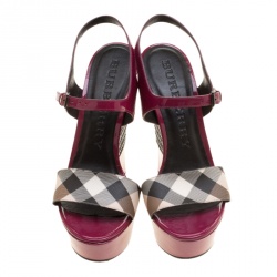 Burberry Magenta Patent Leather and Canvas Espadrille Platform Wedge Sandals Size 39.5