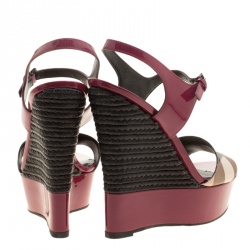 Burberry Magenta Patent Leather and Canvas Espadrille Platform Wedge Sandals Size 39.5