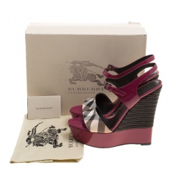 Burberry Magenta Patent Leather and Canvas Espadrille Platform Wedge Sandals Size 39.5