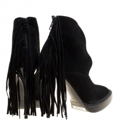 Pre Owned Burberry Prorsum Black Fringed Suede Nadie Ankle Boots Size 39