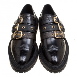 Pre Owned Burberry Black Leather Doherty Multi Strap Platform Brogues Size 39.5