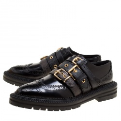 Pre Owned Burberry Black Leather Doherty Multi Strap Platform Brogues Size 39.5