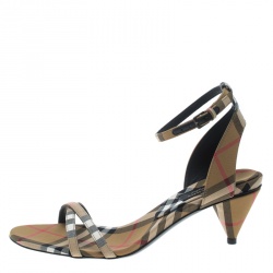 Burberry Beige Novacheck Fabric Hansel Cross Strap Cone Heel Open Toe Sandals Size 37