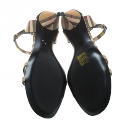 Burberry Beige Novacheck Fabric Hansel Cross Strap Cone Heel Open Toe Sandals Size 37