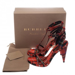Pre Owned Burberry Red Checkered Wool Hans T Strap Sandals Size 39.5