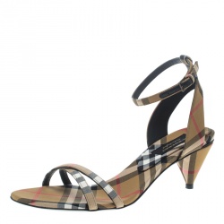 Burberry Beige Novacheck Fabric Hansel Cross Strap Cone Heel Open Toe Sandals Size 38.5