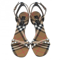 Burberry Beige Novacheck Fabric Hansel Cross Strap Cone Heel Open Toe Sandals Size 38.5