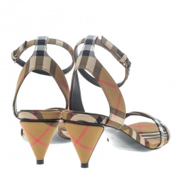 Burberry Beige Novacheck Fabric Hansel Cross Strap Cone Heel Open Toe Sandals Size 38.5