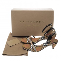 Burberry Beige Novacheck Fabric Hansel Cross Strap Cone Heel Open Toe Sandals Size 38.5