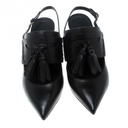 مملوكة مسبقًا صندل بربري فتحة كعب تفاصيل شراشيب مقدمة مدببة قصة كولبرت جلد سوداء مقاس 38.5