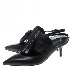 مملوكة مسبقًا صندل بربري فتحة كعب تفاصيل شراشيب مقدمة مدببة قصة كولبرت جلد سوداء مقاس 38.5