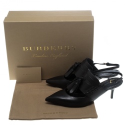 مملوكة مسبقًا صندل بربري فتحة كعب تفاصيل شراشيب مقدمة مدببة قصة كولبرت جلد سوداء مقاس 38.5